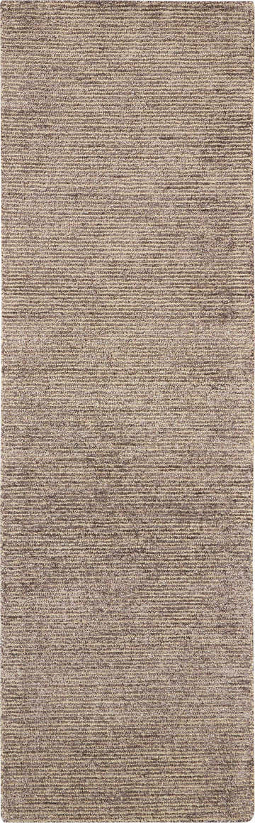 Close-up of the Nourison Weston Charcoal rug. Taupe color with a subtle horizontal stripe texture. Handmade rug.