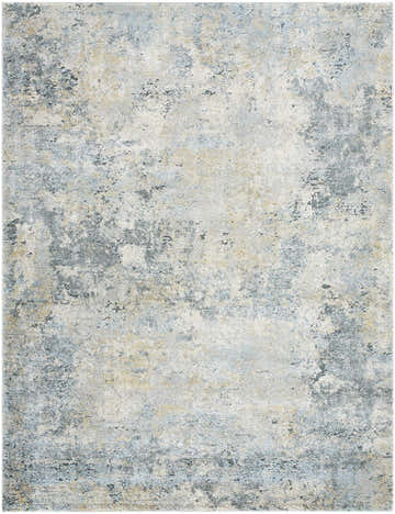 Close-up of the Adamma Thick Luxe Rug, a contemporary rug in gray, pale blue, and tan with a distressed abstract pattern. Design-Rectangle-537