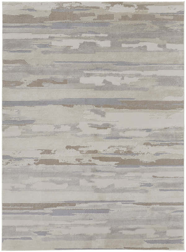 Close-up of the Feizy Vancouver rug. Abstract design in ivory, tan, and brown hues. Contemporary style, machine-made. Design-Rectangle