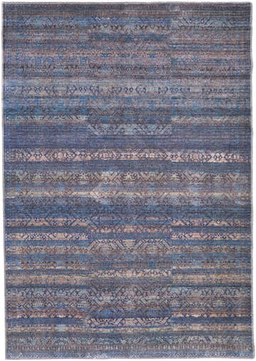 Feizy Voss rug with a transitional geometric pattern in blue, purple, and brown hues. Design-Rectangle