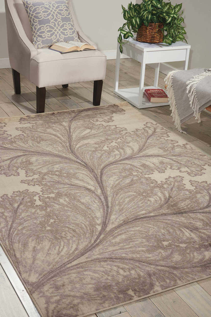 Living room scene with ivory chair and Nourison Utopia Ivory Floral Area Rug.