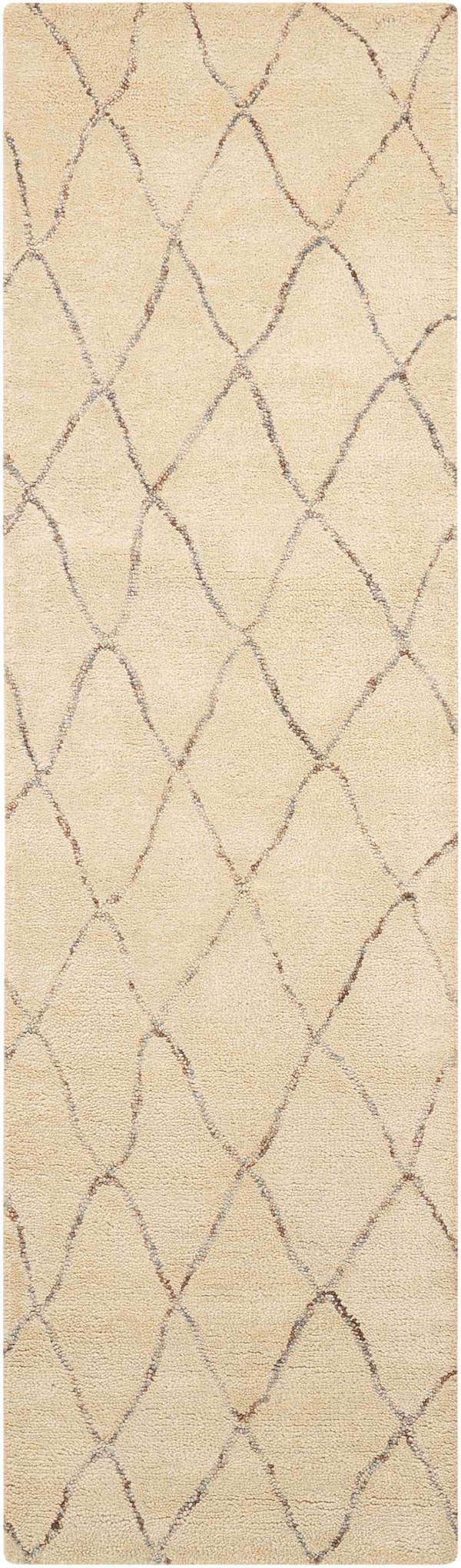Close-up of Barclay Butera Intermix Sand rug. Handmade wool rug with a diamond trellis pattern and textured pile.