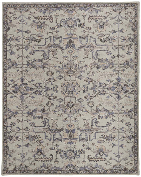 Close-up of Feizy Fallon Traditional Oriental rug. Ivory rug with gray and blue floral and geometric pattern. Hand-tufted wool. Design-Rectangle