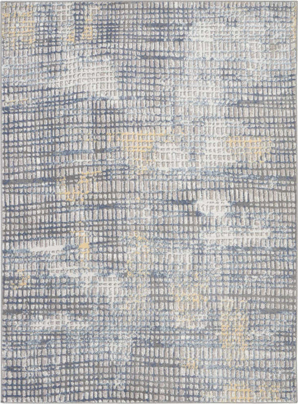 Close-up of Nourison Urban Decor rug. Modern grid pattern in grey, ivory, and chestnut. Machine-made texture.