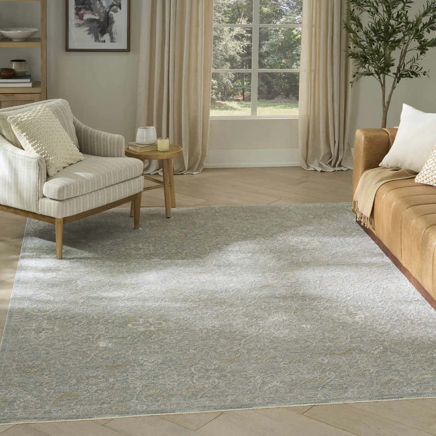 Living room scene with a Nourison Envy Blue Silver vintage rug, tan sofa, striped chair, and natural light.