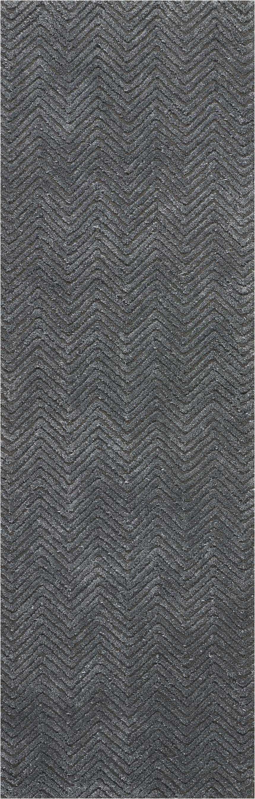 Close-up of the Nourison Deco Mod Grey rug, featuring a textured chevron pattern in shades of charcoal and silver.