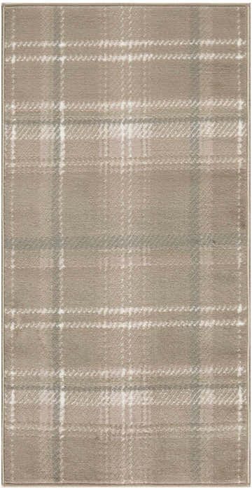 Close-up of the Nourison Grafix Taupe Farmhouse Area Rug, featuring a plaid pattern in ivory, taupe, and gray.