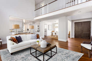 Living room with white sofa and Feizy Nadia Blue/Gray rug. Transitional style. Roomscene-Rectangle