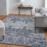 Living room with gray sofa and Feizy Eastfield blue and ivory abstract rug. Roomscene-Rectangle