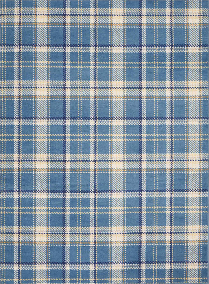 Close-up of the Nourison Grafix Blue Rustic Indoor Area Rug featuring a blue, white, and gold plaid pattern.