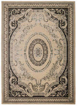 Close-up of Michael Amini Platine Ivory Vintage Area Rug. Chestnut, floral, and oval medallion design. Luxelle material.