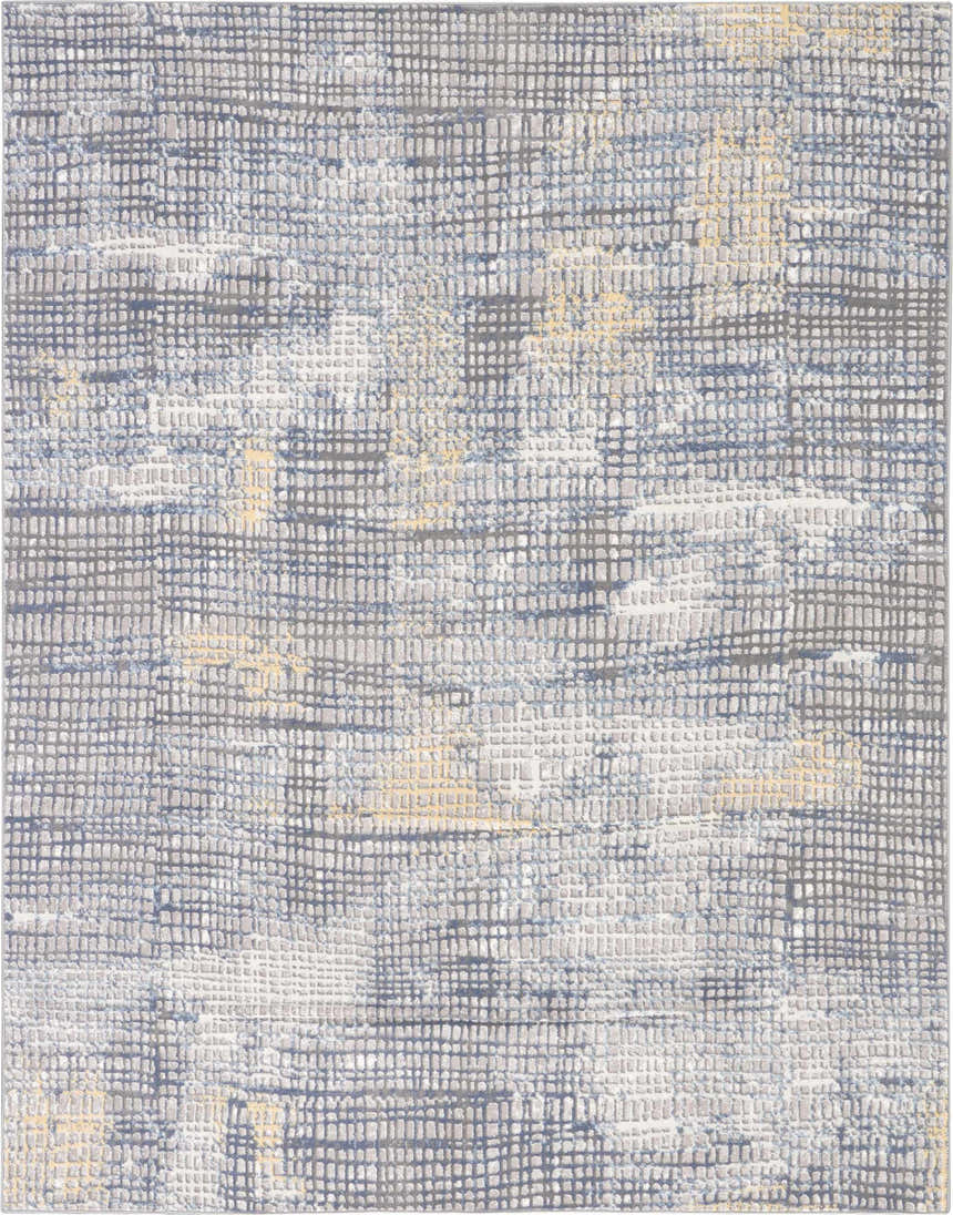Close-up of Nourison Urban Decor rug; grey, ivory, and chestnut modern design with a textured, grid-like pattern.