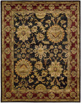 Close-up of the Nourison Jaipur Black Persian Rug. Features a floral pattern and red border. Handmade wool rug.