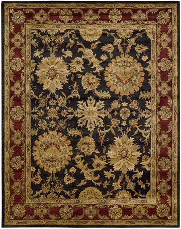 Close-up of the Nourison Jaipur Black Persian Rug. Features a floral pattern and red border. Handmade wool rug.