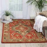 Sunlit room scene with a Nourison Tahoe Rust rug, chair with throw, and plants.