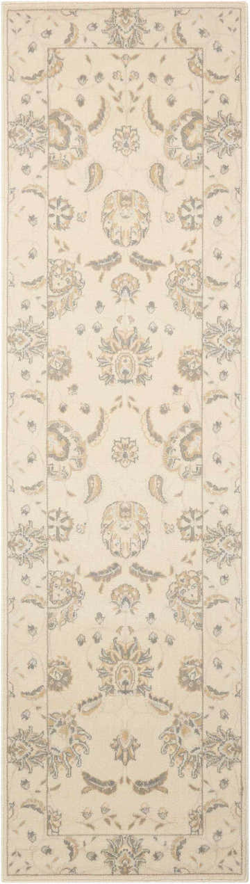 Close-up of the Nourison Persian Empire Bone Persian rug, showcasing its beige, floral, and paisley pattern.