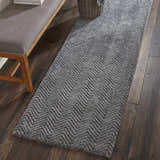 Grey runner rug styled on dark wood floors with a bench. Nourison Deco Mod Grey Modern Indoor Area Rug.