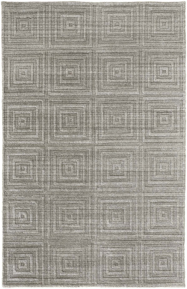 Close-up of Feizy Redford Gray/Silver Area Rug. Transitional style rug with interlocking square pattern and textured wool viscose blend. Design-Rectangle