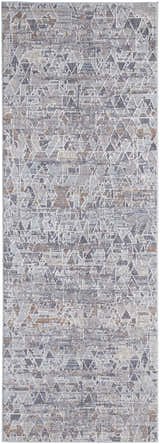 Close-up of Feizy Francisco rug. Transitional abstract design in gray, blue, and orange hues. Design-Runner