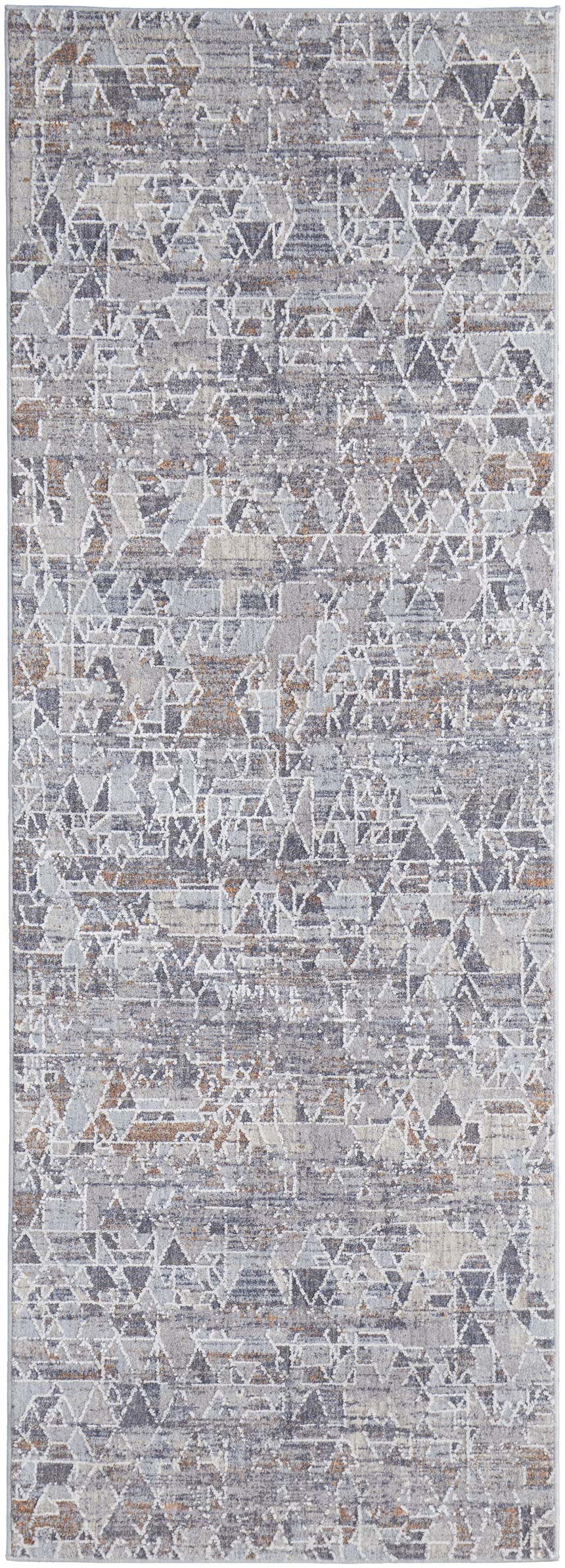 Close-up of Feizy Francisco rug. Transitional abstract design in gray, blue, and orange hues. Design-Runner