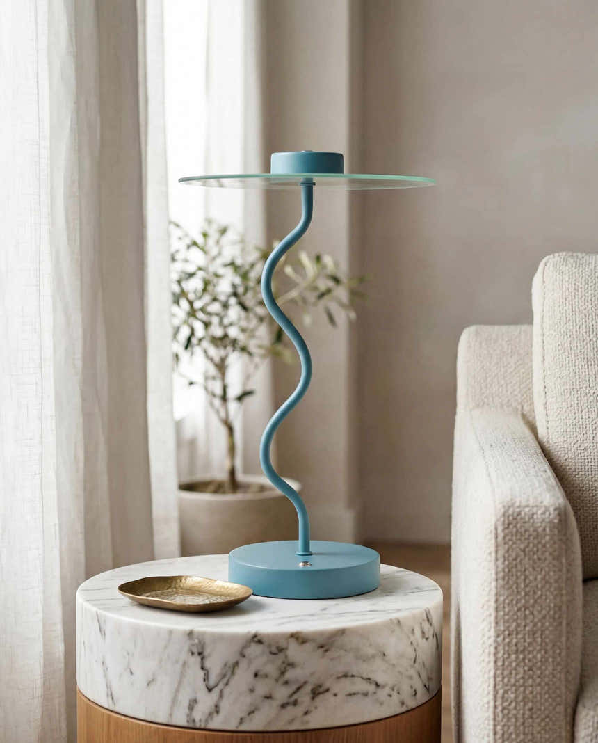 Soft Aqua Blue Modern Table Lamp with glass details for bedside or console tables