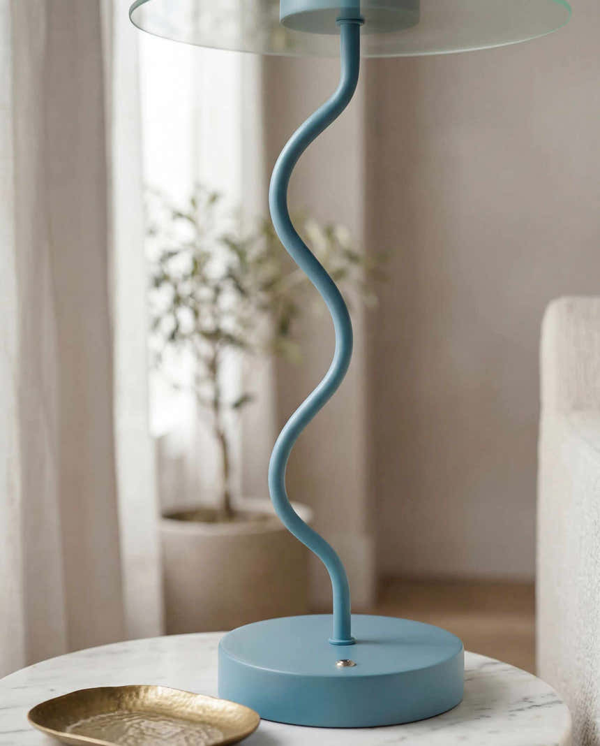 Soft Aqua Blue Modern Table Lamp with glass details for bedside or console tables