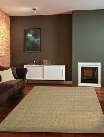 Living room scene with Nourison Cosmopolitan Pistachio Persian rug, brown sofa, white console, and fireplace.