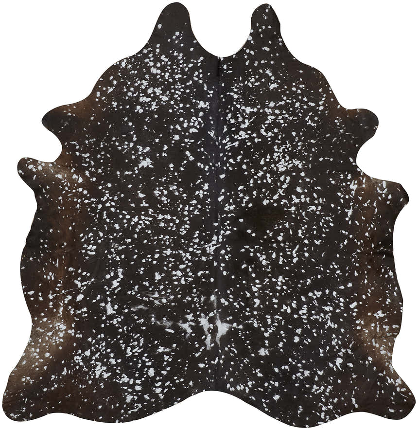 Close-up of Feizy Ellyse rug. Brown and silver cowhide rug with a speckled animal print and a soft, textured look. Design-Custom