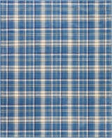 Close-up of the Nourison Grafix Blue Rustic Area Rug. Features a light blue, white, and tan plaid pattern. Southwestern style.