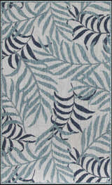 Close-up of Nourison Garden Oasis Blue Tropical Area Rug featuring a leafy light and dark blue pattern.