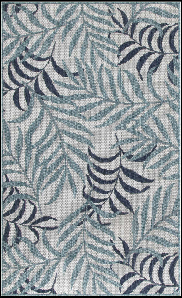 Close-up of Nourison Garden Oasis Blue Tropical Area Rug featuring a leafy light and dark blue pattern.
