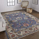 Living room scene with Feizy Beall Traditional Oriental rug in blue and red, white sofa, and natural wood accents. Roomscene-Rectangle