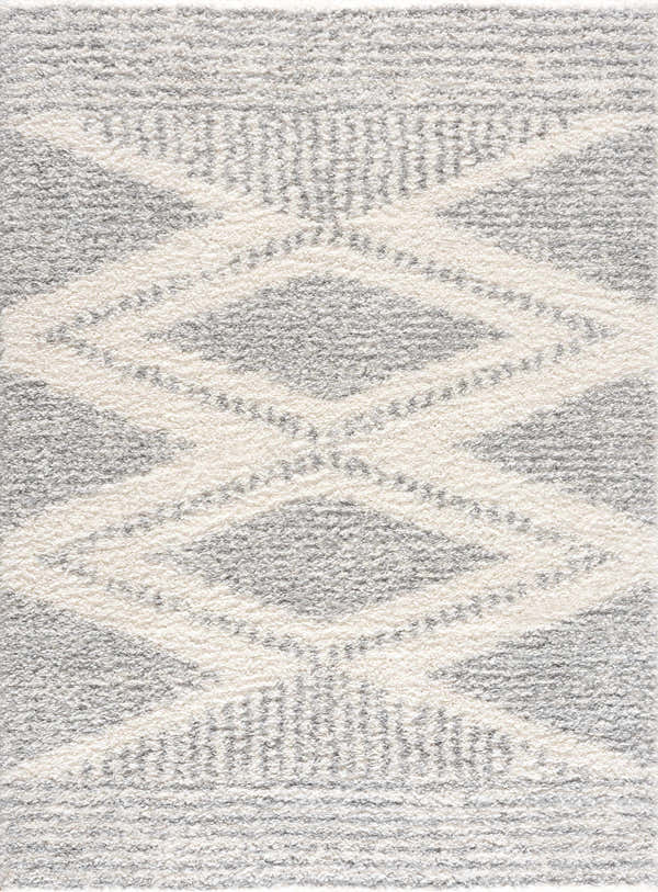 Close-up of the Trunding Plush Area Rug in Gray, featuring a cream geometric diamond pattern and soft shag texture. Design-Rectangle-5373