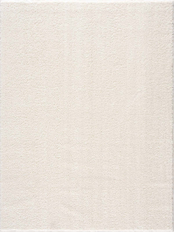 Close-up of the plush Judy White Washable Area Rug, featuring a soft shag texture and off-white color. Design-Rectangle