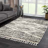 Living room scene with gray sofa and Fishhook Berber Shag Rug in dark gray, lambswool, and nutmeg colors. Roomscene-Rectangle