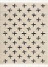 Close-up of the Alstead Shag Area Rug, a beige shag rug with a charcoal plus sign pattern and tassel fringe. Design-Rectangle