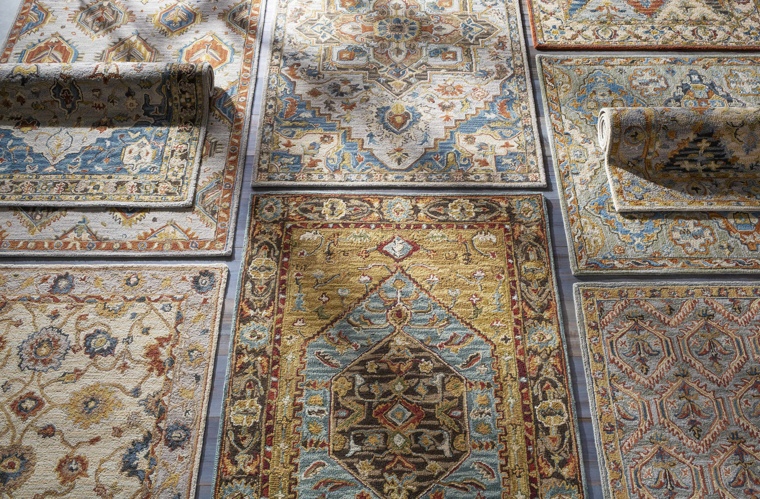 Overhead view of Alliance Area Rugs in various colors and patterns, hand-tufted construction. Clearance. Styleshot