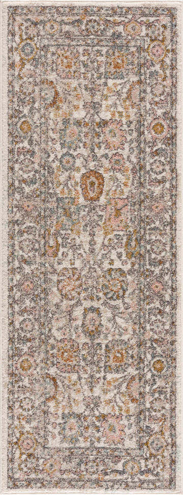 Close-up of the Herstmonceux Area Rug. Features a traditional, floral pattern in camel, pink, gray, and off-white hues. Design-Runner-2773