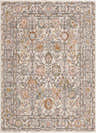 Close-up of the Herstmonceux Area Rug. Bohemian style rug with floral pattern in camel, charcoal, pink, and light gray. Design-Rectangle-527