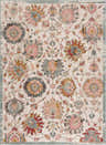 Close-up of the Twilight Floral Area Rug featuring a traditional floral pattern in brick red, pink, mustard, and blue on an off-white background. Design-Rectangle-537