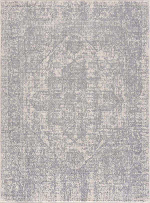 Close-up of the Peeta Gray Medallion Area Rug, featuring a traditional vintage design in cream and light gray tones. Design-Rectangle-46