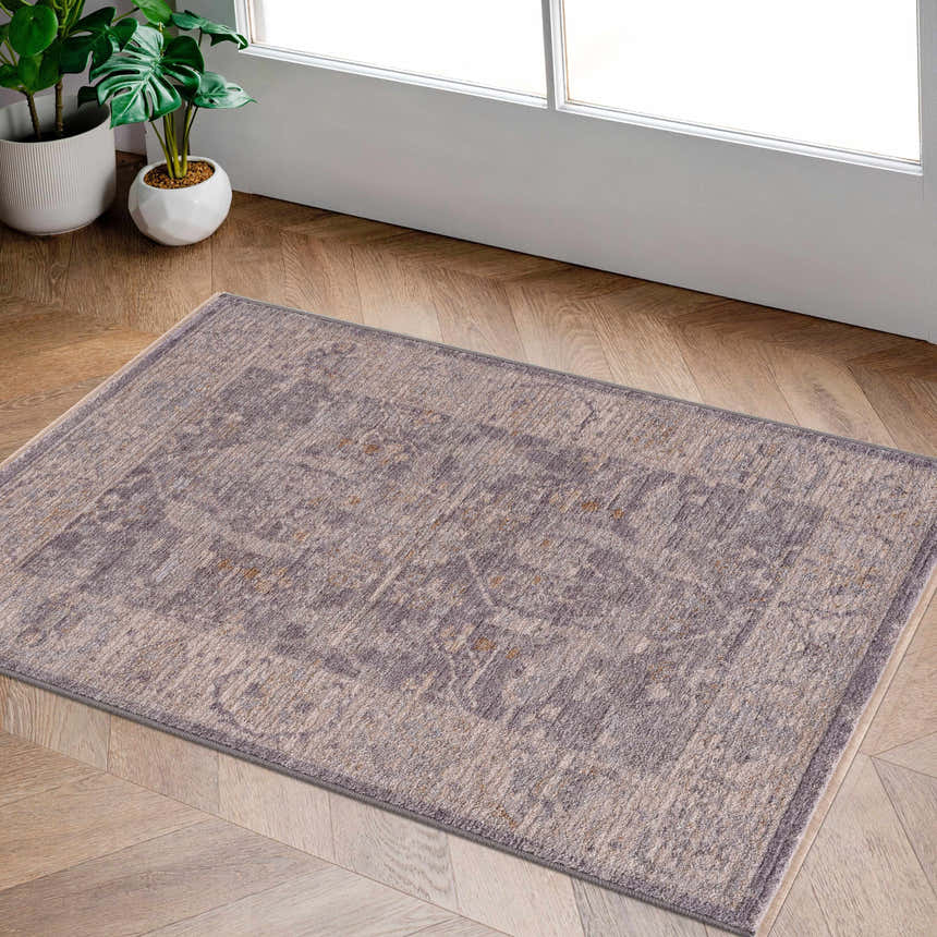 Entryway with Binx Thick Luxe Statement Rug in brown, charcoal, and sage. Traditional rug on wood floor with potted plants. Roomscene-Rectangle
