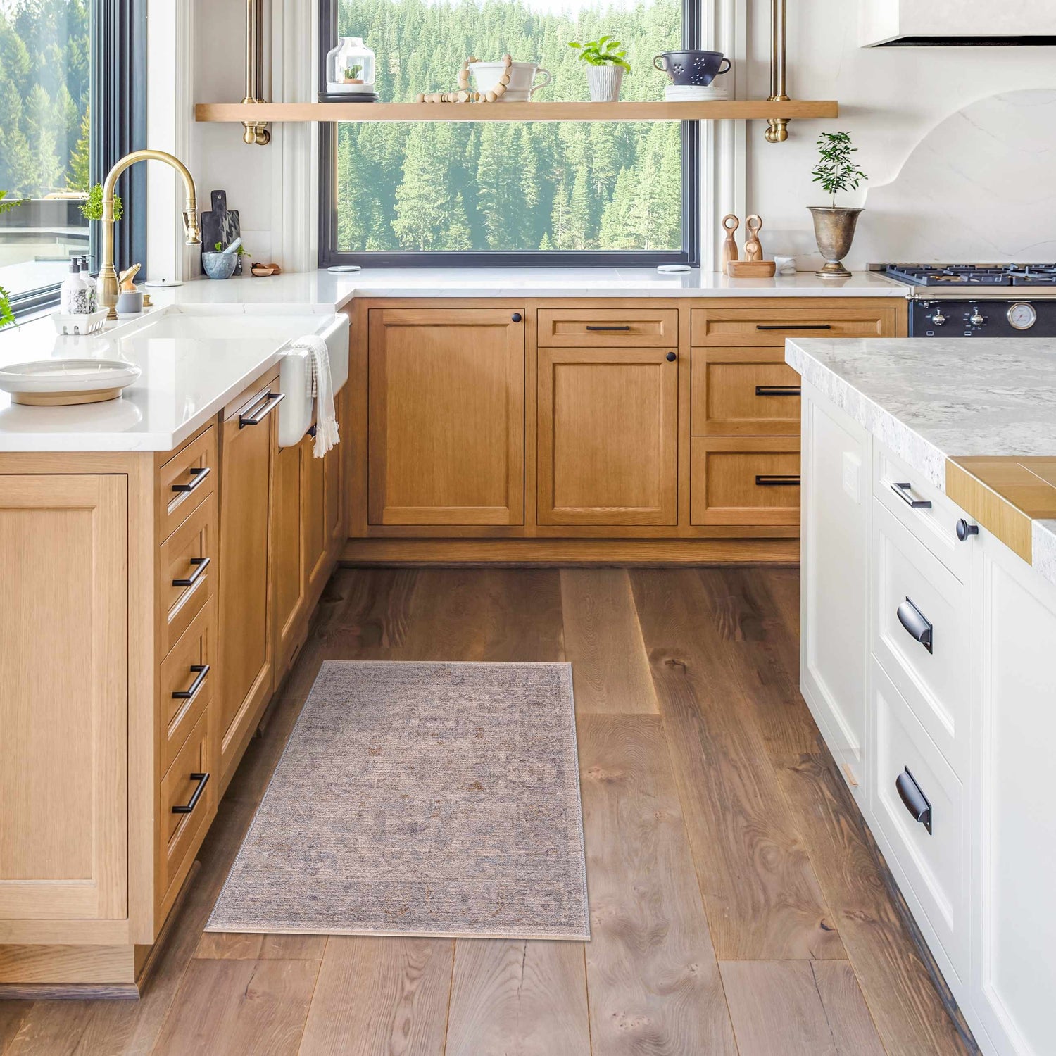Farmhouse kitchen scene with light wood cabinets and Ayarn Thick Luxe Statement Rug in brown and teal. Roomscene-Rectangle