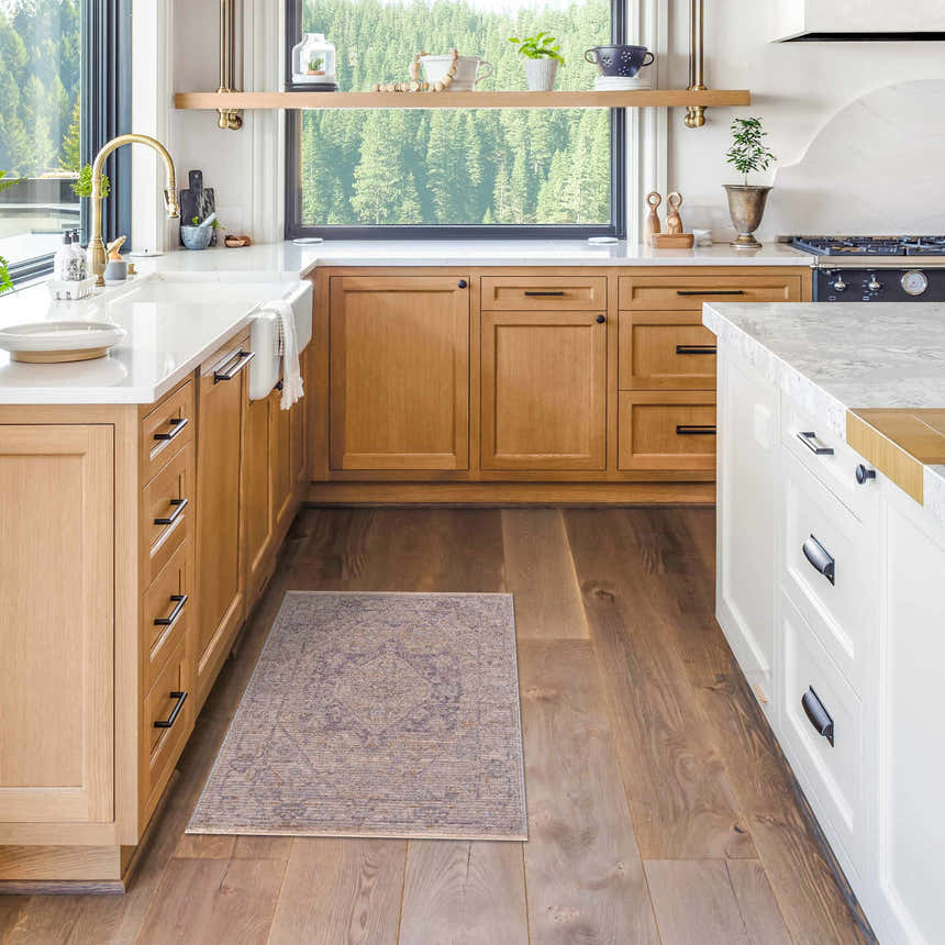 Farmhouse kitchen with wood cabinets and Deena Thick Luxe Area Rug in brown and teal tones on hardwood floor. Roomscene-Rectangle