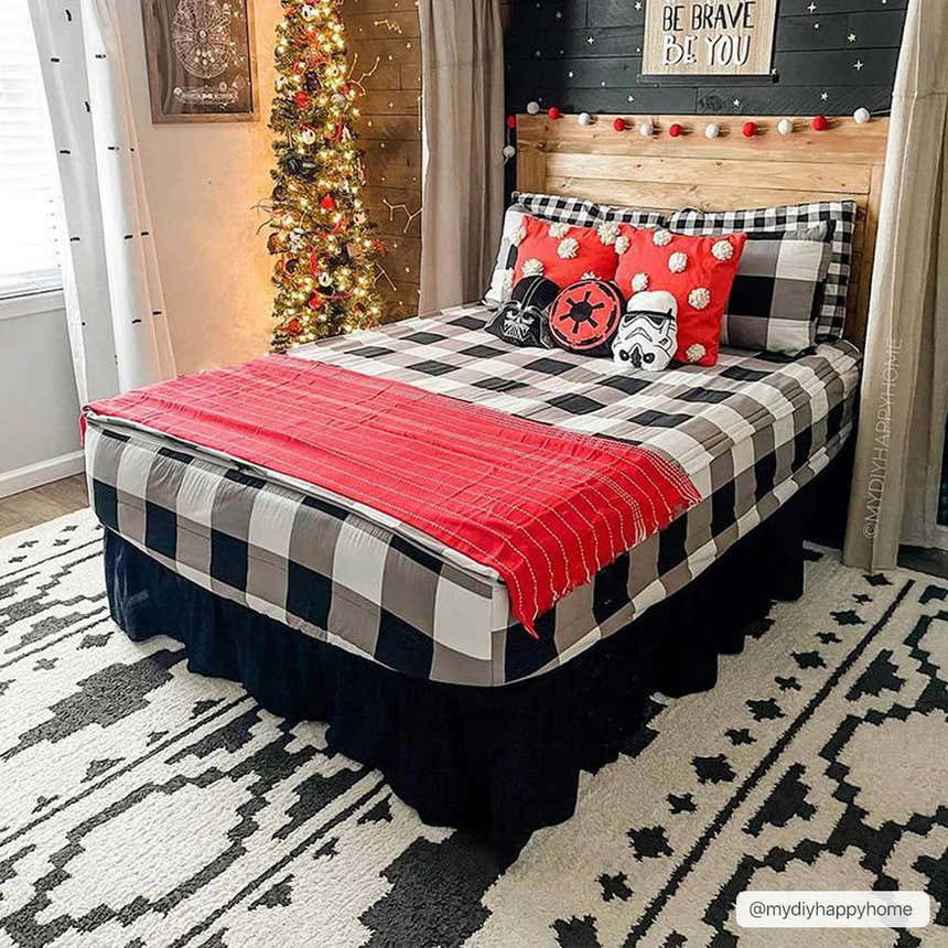 Kids bedroom with Christmas tree and Amoret Area Rug in black, charcoal, and white. Southwestern style. Roomscene-Rectangle