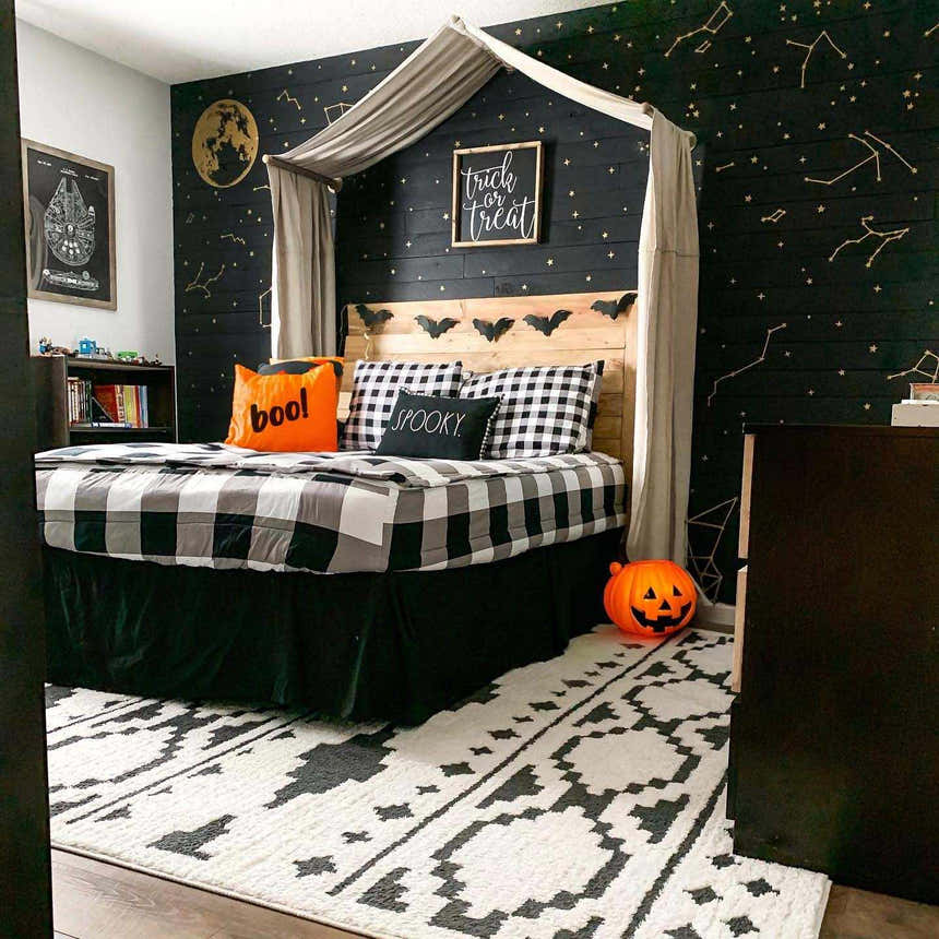 Halloween kids bedroom with black constellation wall and Amoret Area Rug in black, charcoal, and white. Roomscene-Rectangle