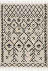 Close-up of the Godalming Plush Area Rug. Beige shag rug with charcoal Moroccan-inspired diamond pattern and tassels. Design-Rectangle-5373