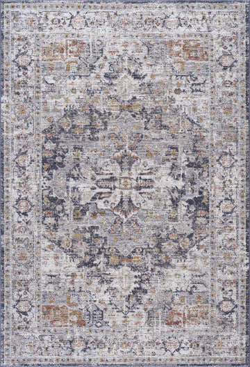 Close-up of the Ivria Navy & Rust Area Rug featuring a traditional, distressed pattern in light gray, navy, and rust colors. Design-Rectangle-575