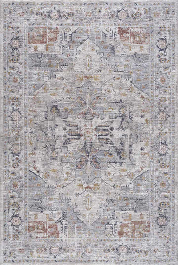Detailed texture of the Ivria Blue Gray Area Rug, featuring a traditional, distressed pattern with blue, gray, and rust accents. Design-Rectangle-575