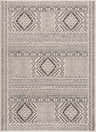 Close-up of Merriott Area Rug. Charcoal, dark brown, and light beige bohemian pattern with diamond and geometric designs. Design-Rectangle-5373